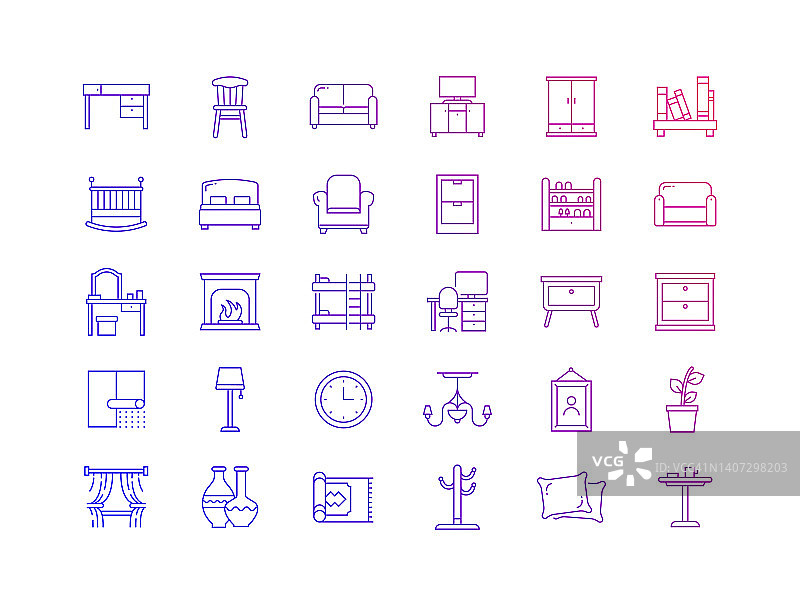 简单的家具相关矢量细线图标集合。大纲符号集合。图片素材