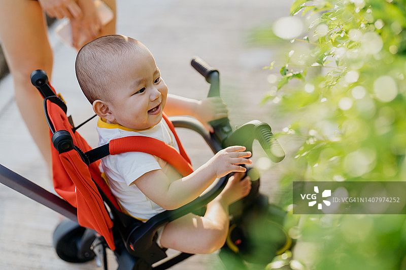 一个亚洲小男孩骑着三轮车在公园里看植物图片素材
