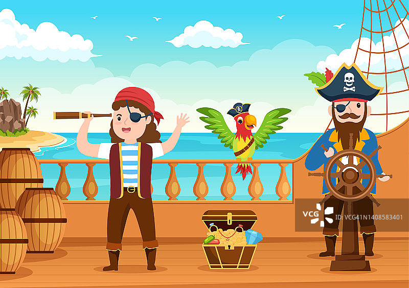 可爱的海盗卡通人物插图，木制轮子，胸部，复古加勒比，海盗和海盗船在海上或岛上图片素材
