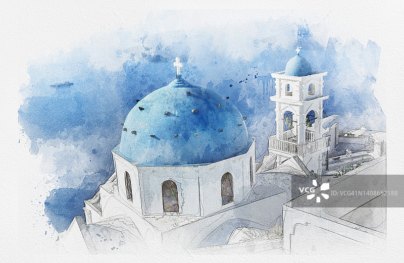 圣托里尼钟楼和希腊伊亚的蓝色穹顶水彩画图片素材