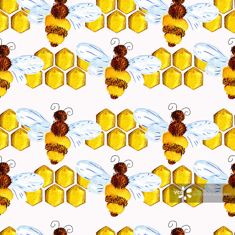 无缝水彩图案的蜂巢和蜜蜂。图片素材