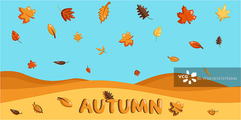 秋天的背景是落叶。矢量平插图秋天落叶在蓝天背景。图片素材