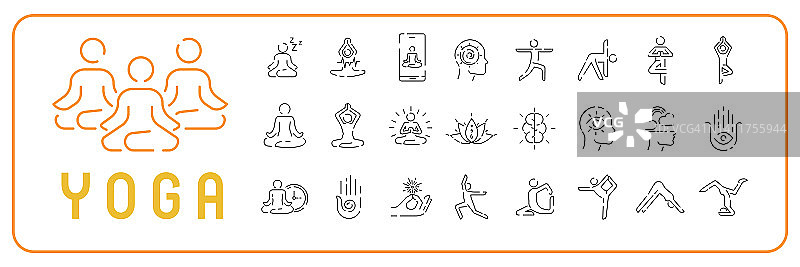 设置线条图标的冥想和瑜伽。健康生活方式运动或体操练习，拉伸矢量符号图片素材