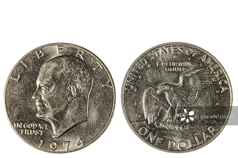 1974年一美元银币正面和背面的近景。钱币的概念。图片素材