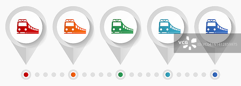 火车，铁路，交通概念矢量图标，易于编辑的信息图形模板，一套丰富多彩的平面设计指针的网页设计和移动应用程序图片素材