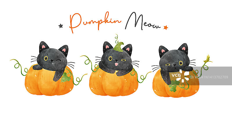 三组可爱的水彩有趣的黑色小猫在橙色的南瓜，南瓜喵，水彩矢量孤立在白色的背景图片素材