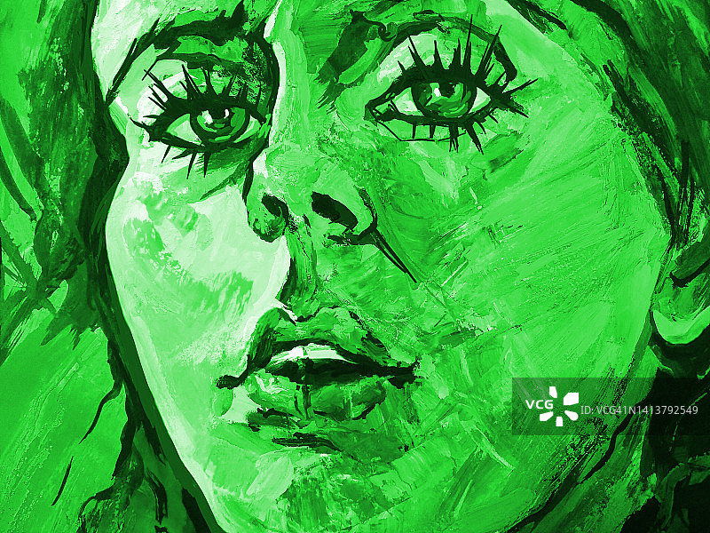 插画油画肖像的年轻女子明亮的嘴唇和飘动的头发在绿色色调图片素材