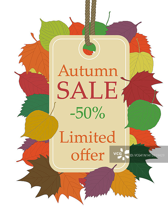 秋季季节性销售，米色价格标签挂在绳子与文字秋季销售50折和有限的报价，框彩色落叶，枫树，桦树和椴树，矢量插图图片素材