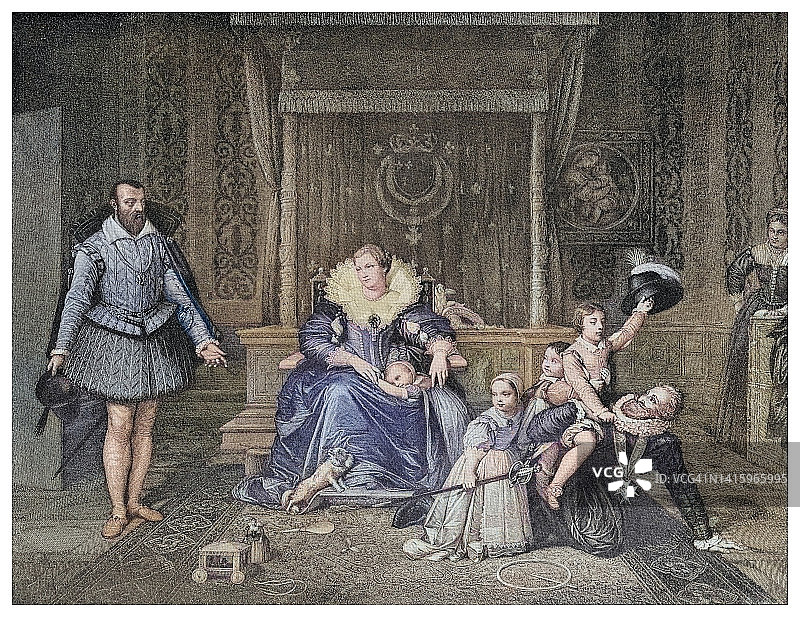 法国亨利四世在家里的古老雕刻插图图片素材