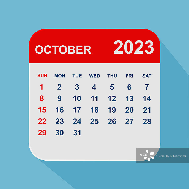 2023年10月月历叶。一周从周日开始。业务矢量图图片素材