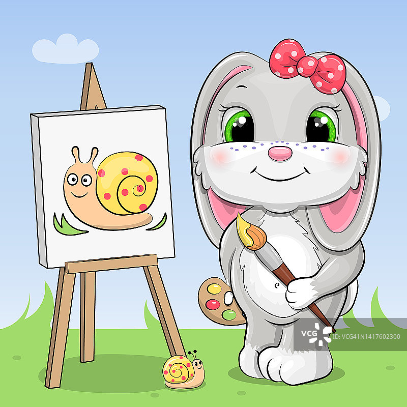 可爱的艺术家兔子在画架上画画。图片素材