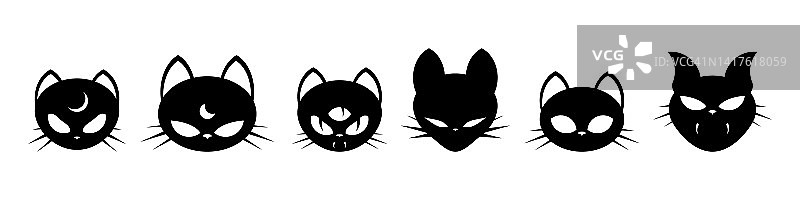 神奇的黑猫布景。卡通脸的性格。猫头贴纸。矢量插图分离在背景EPS 10图片素材