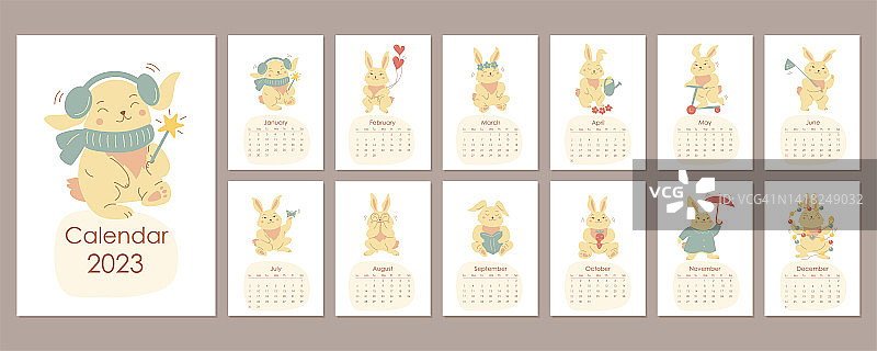 每月垂直墙日历2023 tamplate与卡通可爱的兔子。中国新年的象征。周日开始日历。图片素材
