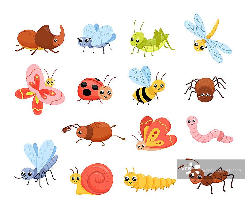 卡通的昆虫。可爱的蚂蚁、蚱蜢和蜗牛。幼稚的矢量插图孤立在白色上图片素材