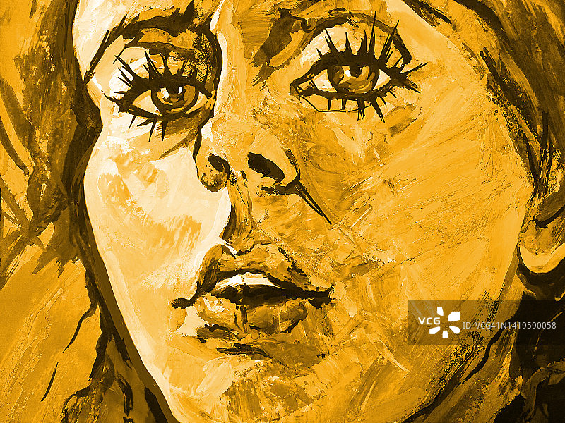 插画油画，年轻女子的肖像，明亮的嘴唇和飘动的头发在褐色色调图片素材