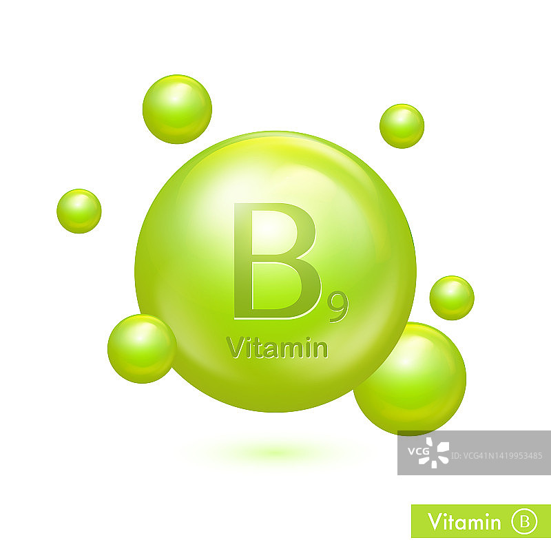 维生素B9在3d风格的白色背景。维生素绿色保健滴丸胶囊。孤立的矢量图图片素材