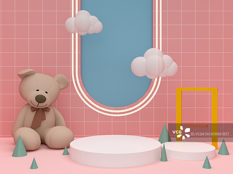 白色的领奖台，粉红色的背景是泰迪熊。用于儿童产品展示的基座。几何的3 d渲染图片素材
