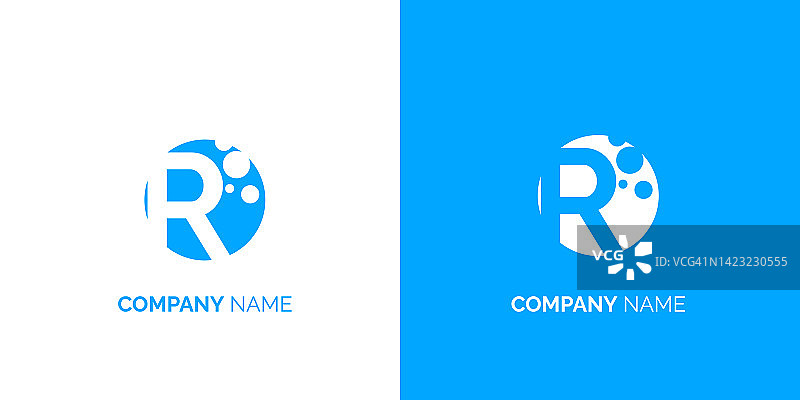 白色和蓝色背景上孤立的首字母R标志。可用于商业，品牌和技术标志。平面矢量标志设计模板元素图片素材
