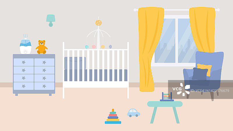 婴儿房内饰有婴儿床，扶手椅，梳妆台，空气加湿器和玩具图片素材