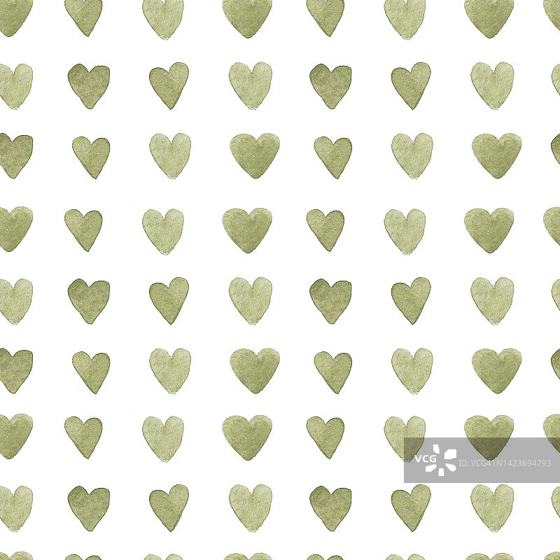 水彩无缝图案，在白色背景上打印可爱的绿色心形。电子纸,剪贴簿。可爱的背景色彩柔和图片素材
