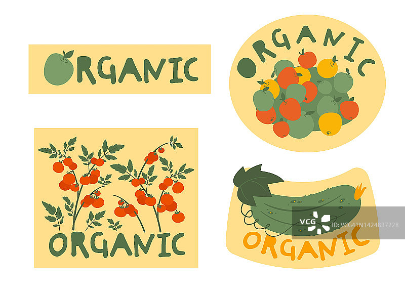有机食品标签。优质蔬菜和水果图标。图片素材