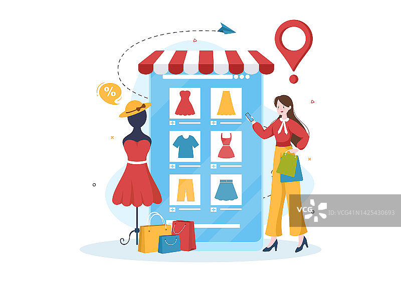 时尚服装商店为妇女模板手绘卡通平面插图与购物购买产品布或服装设计图片素材