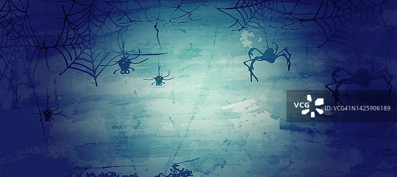 万圣节庆祝概念!万圣节的广告海报或横幅，有蜘蛛和蜘蛛在混凝土墙的背景。抽象的彩色背景和文字的位置。图片素材