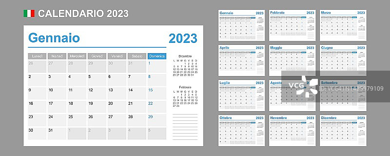 2023年的意大利日历。一周从星期一开始。简单的向量模板。业务设计计划。图片素材