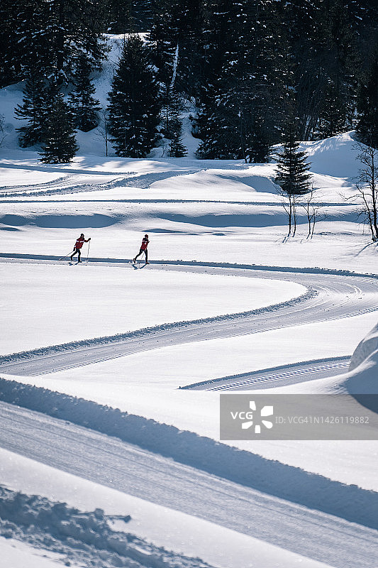 越野滑雪道的鸟瞰图，2名滑雪者图片素材