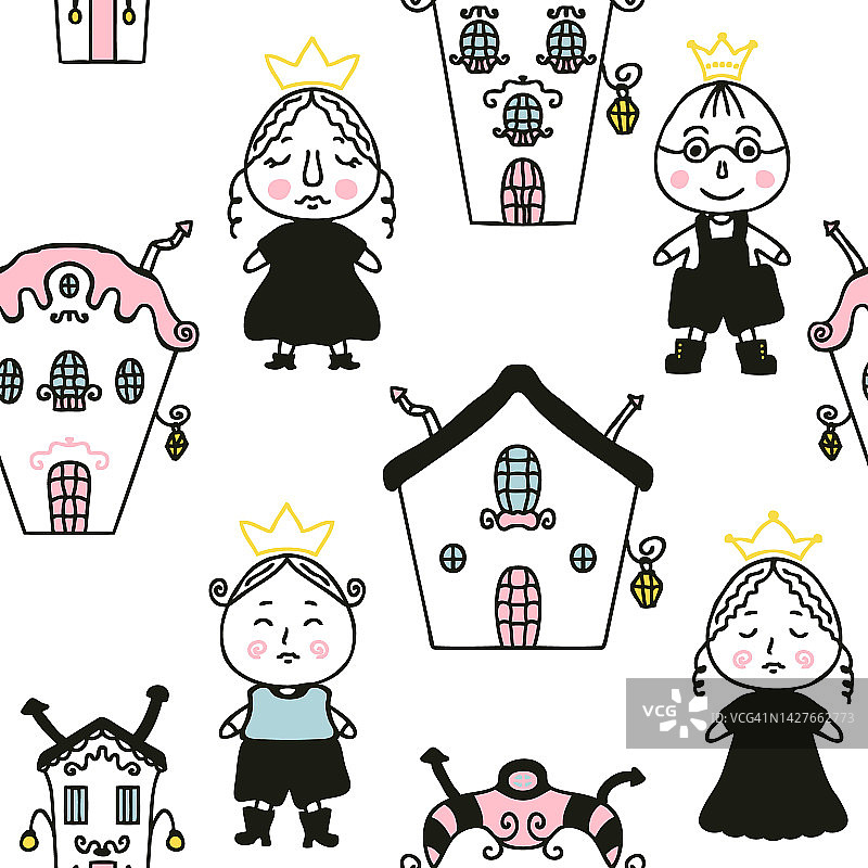 涂鸦上有王子、公主和房子的无缝图案。适合印刷t恤，纸张，织物，纺织品。手绘矢量插图的装饰和设计。图片素材
