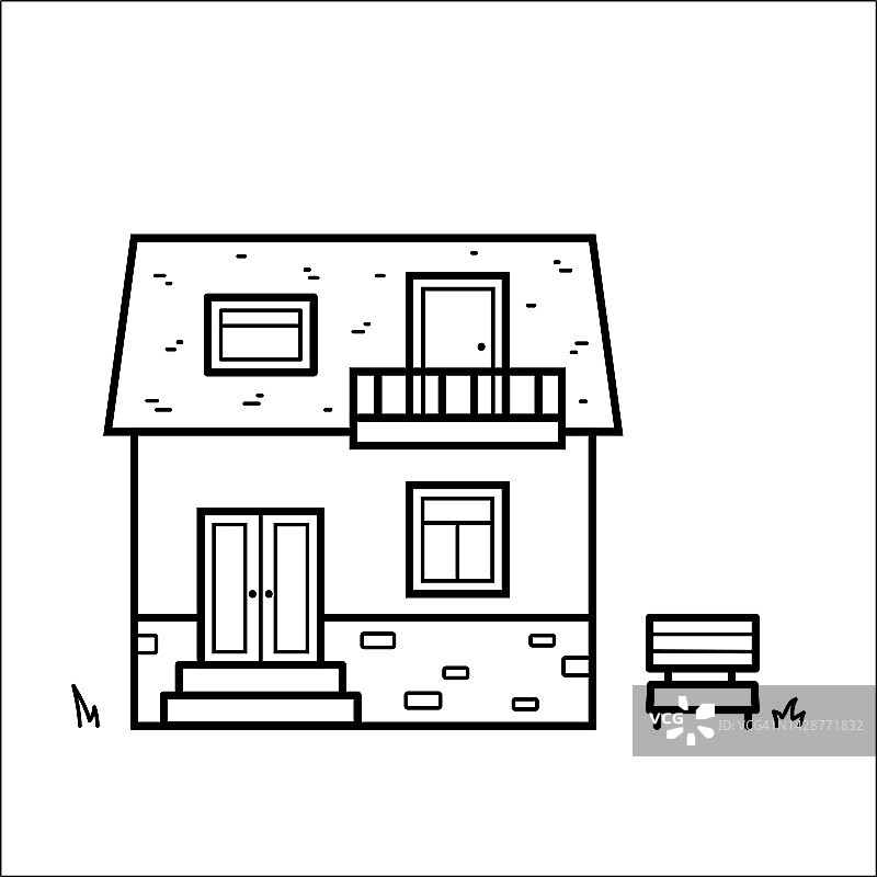 的房子。建筑的图标，门，窗户，阳台和长凳附近的家。我在直线风格孤立的矢量插图。图片素材