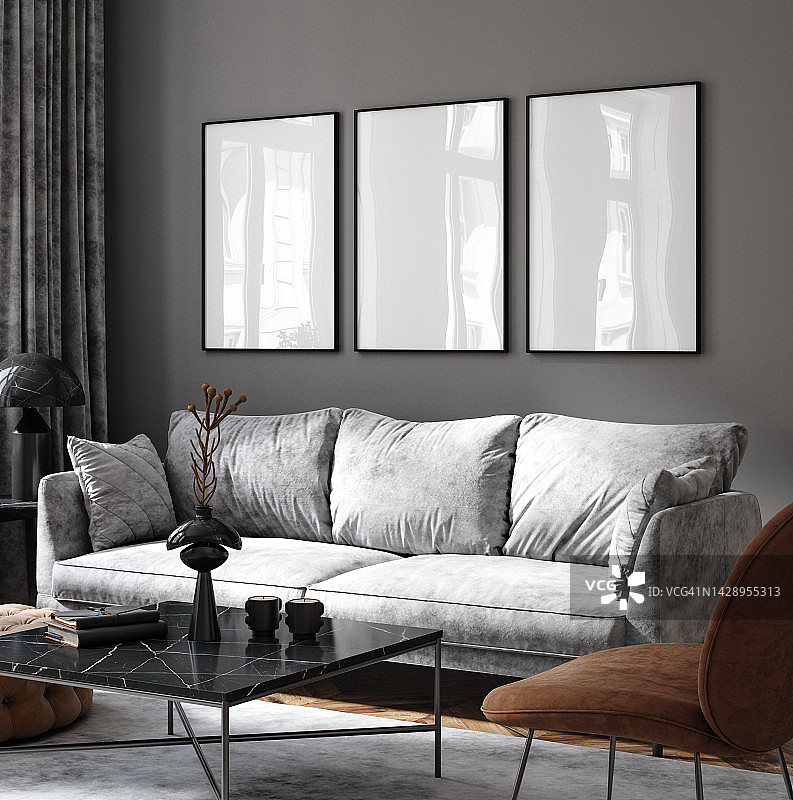 模型海报框架在现代室内，灰色的房间与棕色的装饰图片素材