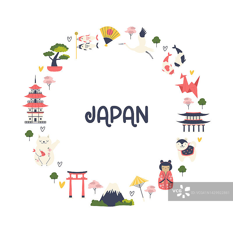 圆形装饰，印有日本著名标志和地标的海报。图片素材