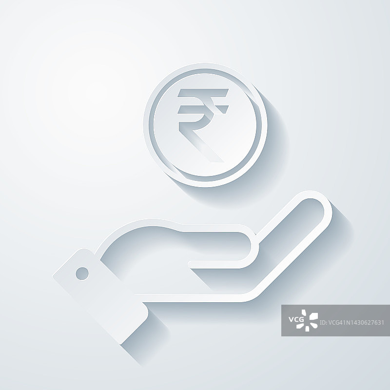 印度卢比硬币在手。空白背景上剪纸效果的图标图片素材