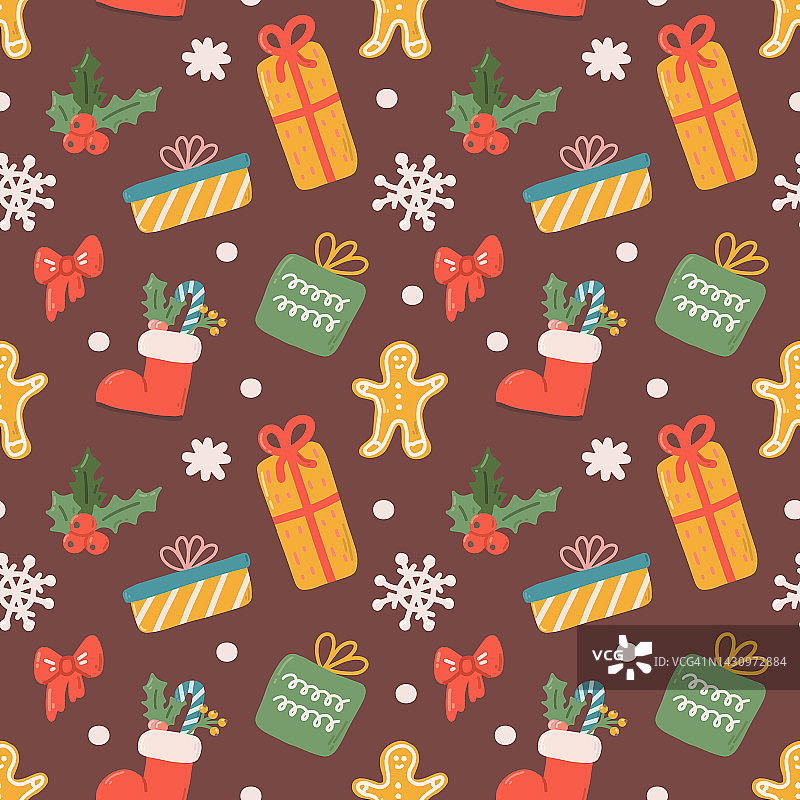 圣诞矢量无缝图案，礼物，姜饼和雪花，装饰饰品和雪花图片素材