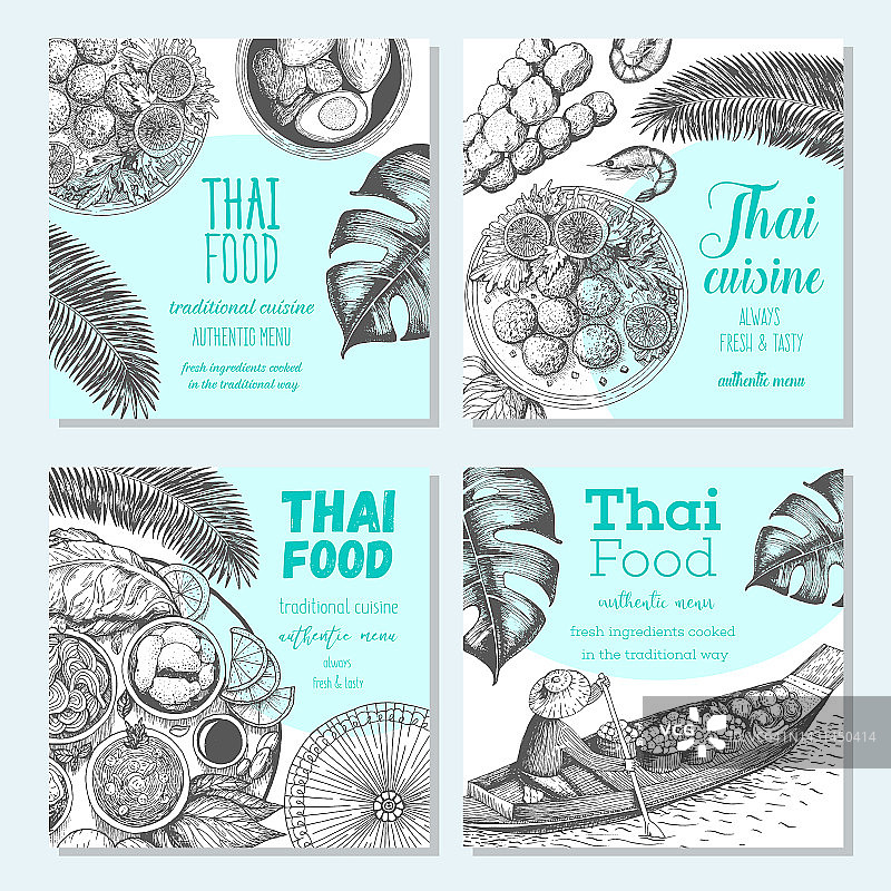 亚洲食品横幅设置。亚洲美食广场旗帜收藏。泰国菜菜单餐厅。泰国菜速写菜单。线性图形图片素材