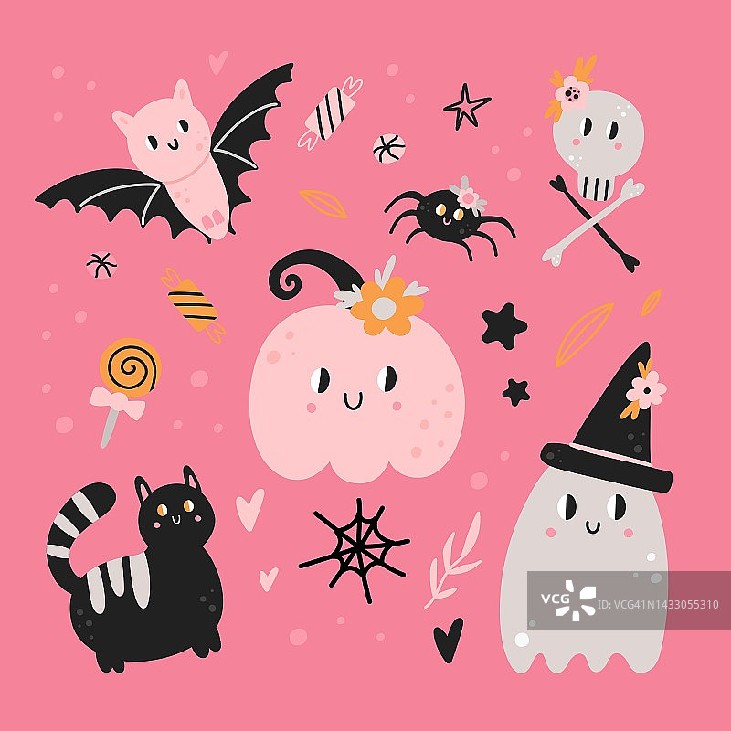 可爱的万圣节字符。有趣的南瓜，幽灵，黑猫和蜘蛛。粉色配色，孩子气的印花和卡片，聚会装饰收藏。矢量卡通平面孤立插图集图片素材