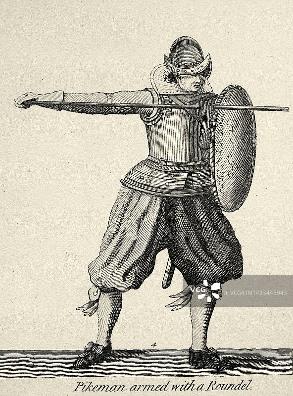 长枪兵步兵，装备圆刀或圆盾，战史，17世纪武器和盔甲图片素材