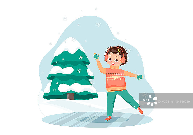 可爱的女孩正在滑冰。冬天的孩子在圣诞树旁的溜冰场上滑冰。图片素材