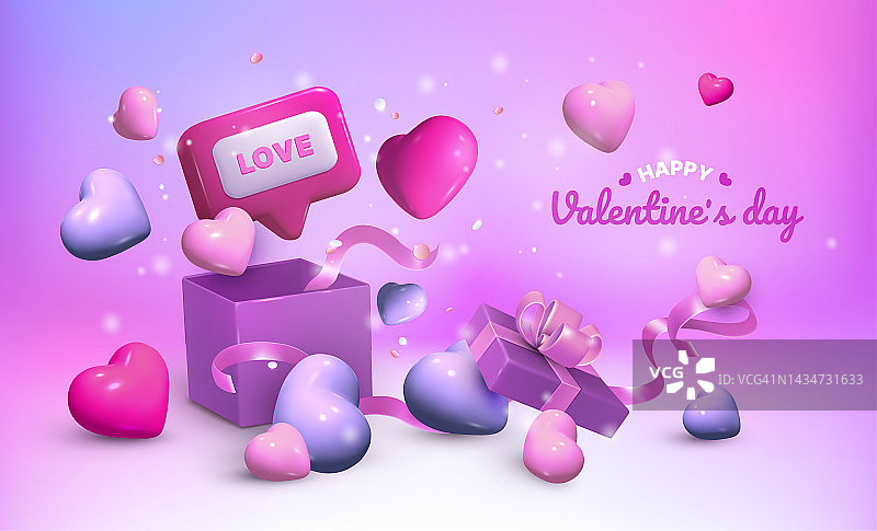3d母亲节横幅。亮粉紫心，礼品盒。爱的气球，快乐的情人节销售，礼物和奖品，确切的生日庆祝浪漫元素。海报模板。向量的概念图片素材