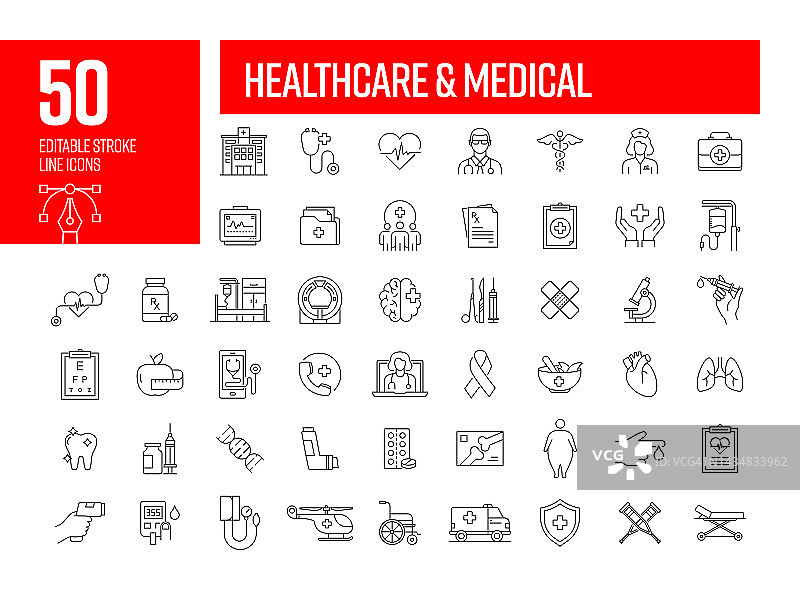 医疗保健和医疗线图标。可编辑的笔画矢量图标集合。图片素材