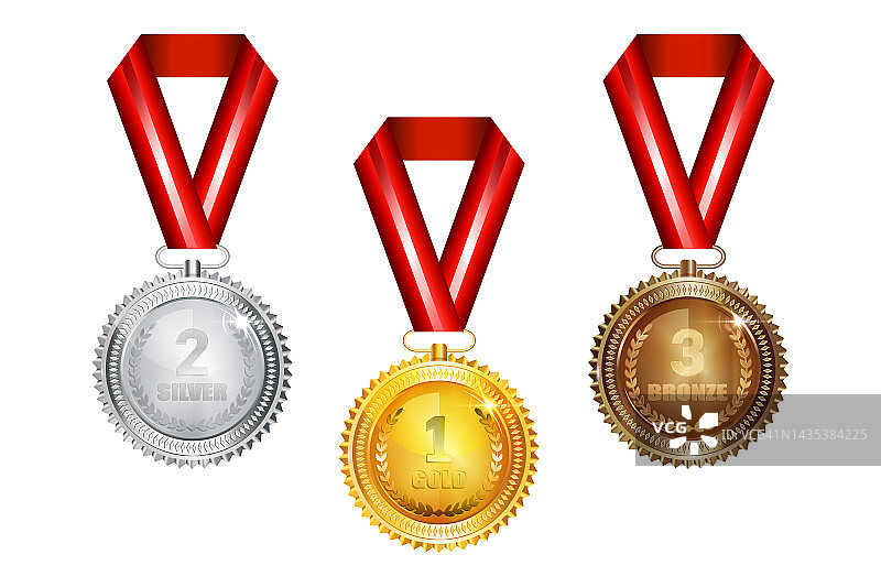冠军金牌，银牌和铜牌与红丝带图标标志第一，第二和第三名集合套孤立图片素材