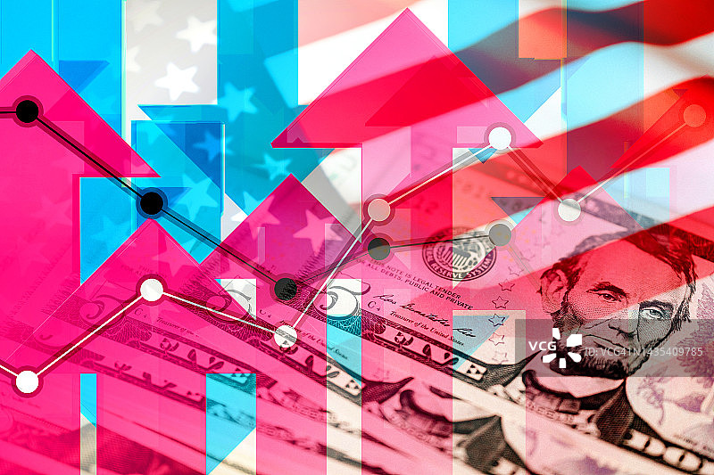 经济图表:上下箭头，现金美钞和美国国旗图片素材