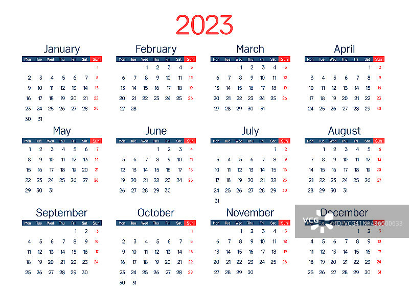 日历2023，周从周一开始，基本业务模板。矢量图图片素材