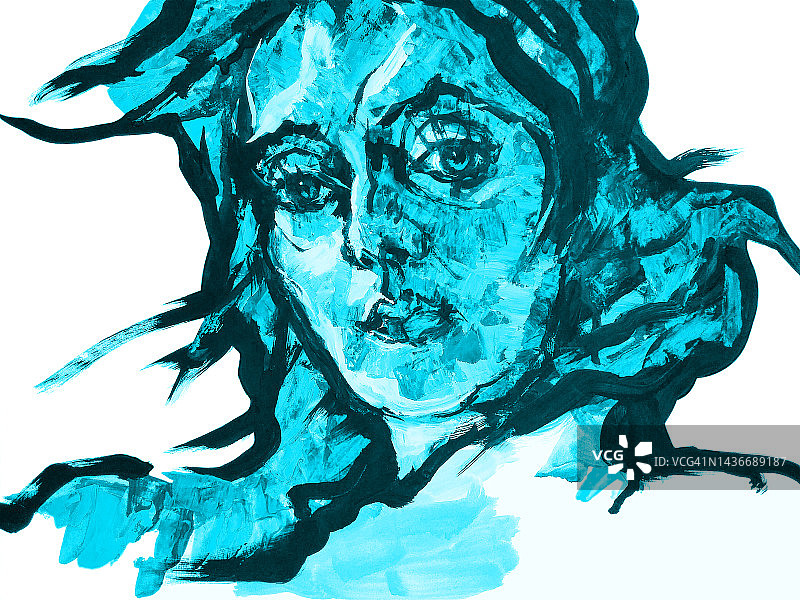 插图艺术油画肖像的年轻女子与飘扬的头发在蓝色的比例对白色的背景图片素材
