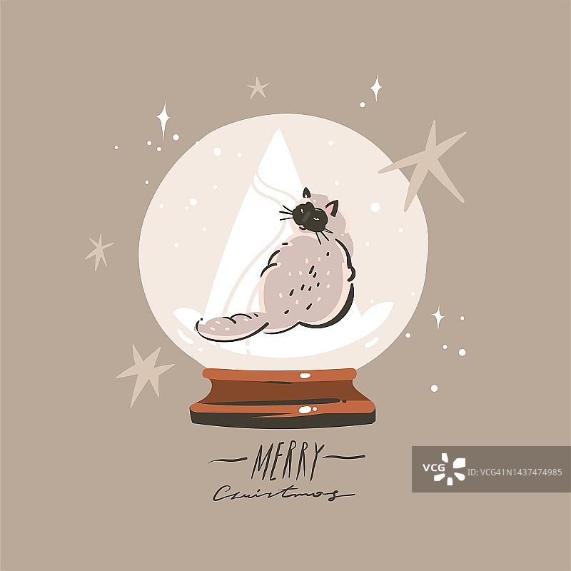 手绘矢量抽象图形圣诞快乐和新年快乐剪纸插画猫的性格。雪球里的猫。圣诞快乐可爱动物卡片设计背景。寒假的艺术。图片素材