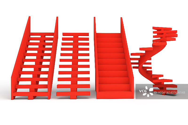 计算机生成的不同类型的红色楼梯在白色背景前面的图像图片素材