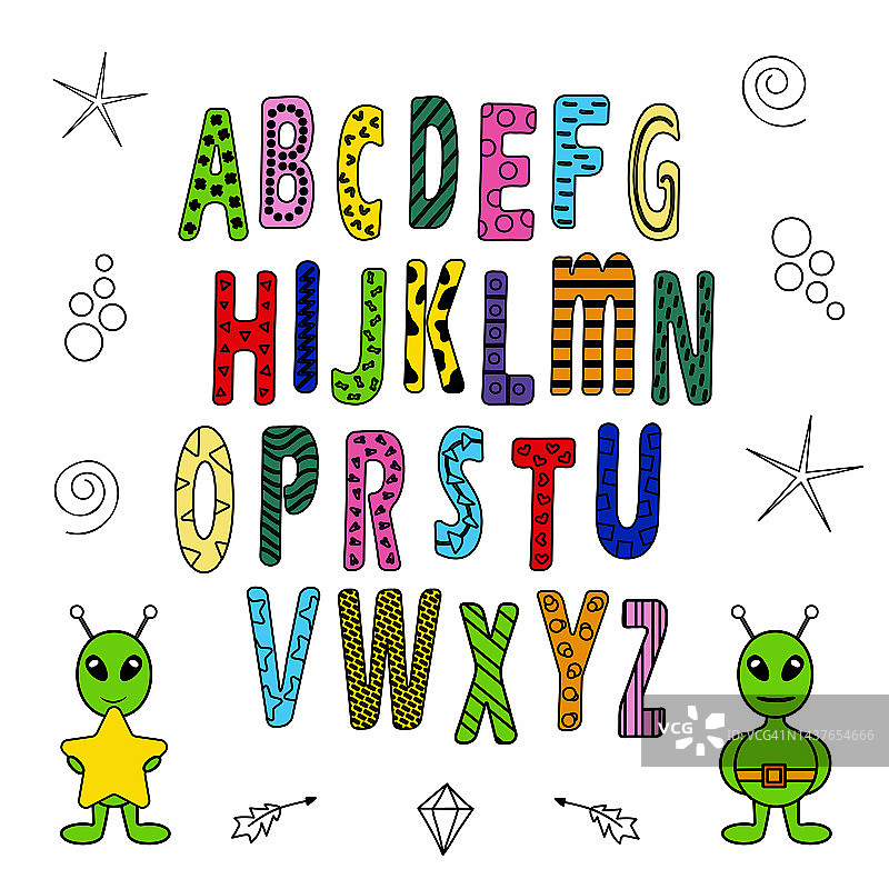 字母，字母是明亮的设定在太空主题上。图片素材