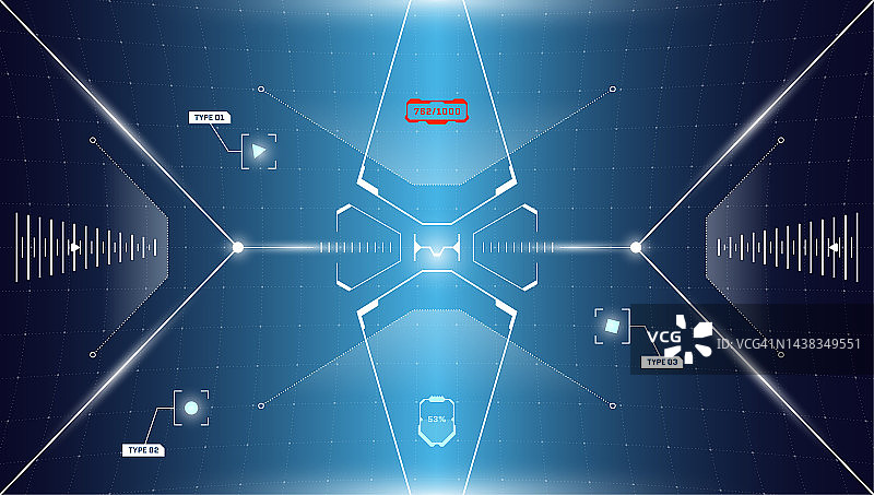 VR HUD数字未来界面赛博朋克屏幕。科幻虚拟现实技术抬头显示目标。GUI界面飞船仪表盘面板。优质黄麻取景器遮阳板。矢量图图片素材