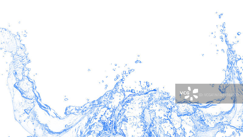 蓝色的水飞溅和波与泡沫喝在白色的背景。放松，矿泉水，清洁，净化，清爽的水，清爽，明亮，复制空间，横幅，网站-3d渲染图片素材